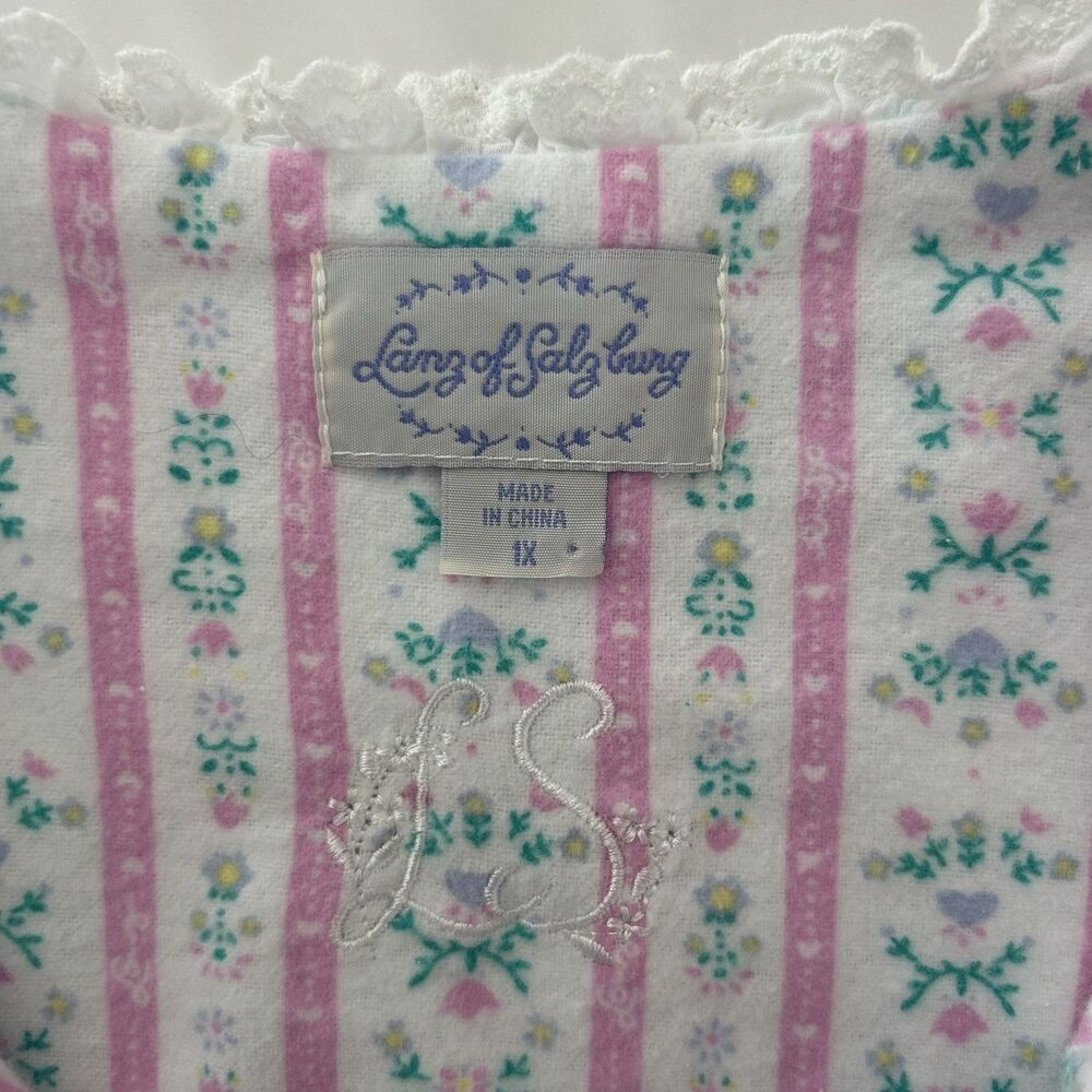 Lanz of Salzburg Floral Flannel Nightgown 1X Lace Rosey Tyrolean Pattern Cottage - Picture 4 of 12